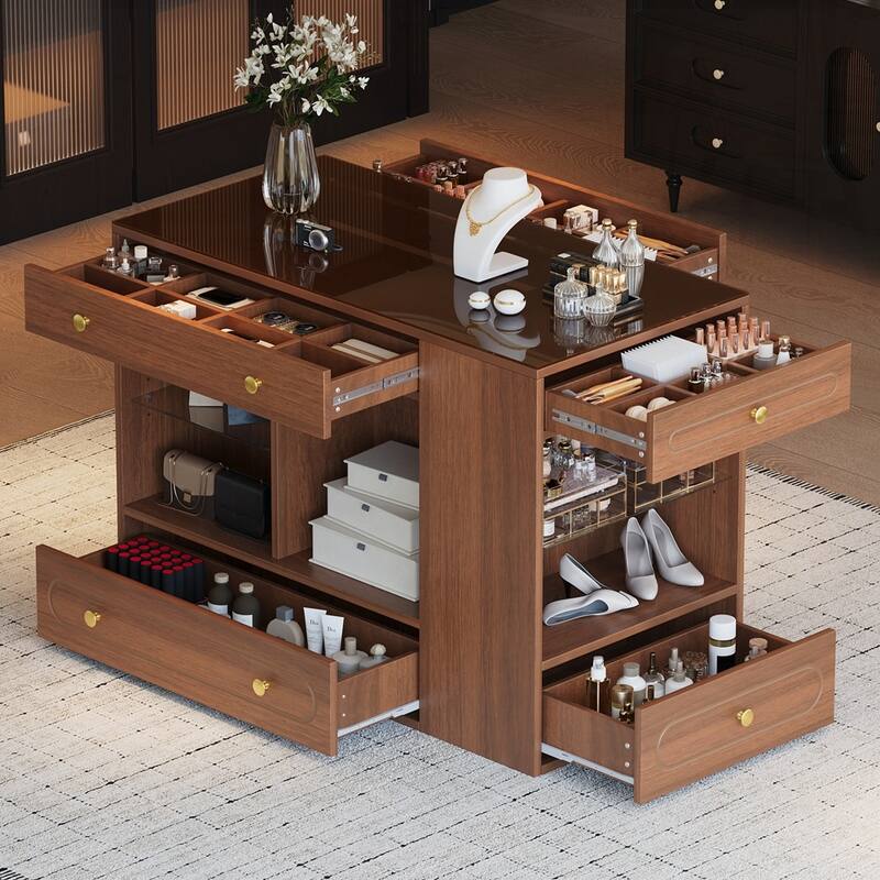 Wardrobe Armoire Bedroom Island with Glass Display Top and Open Shelves - Walnut