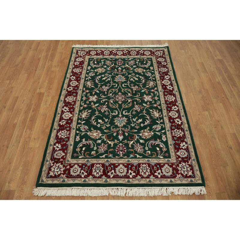 Hand Knotted Oriental 100% Wool Carpet Traditional All-Over Green Agra Area Rug - 5' 10'' X 4' 0''