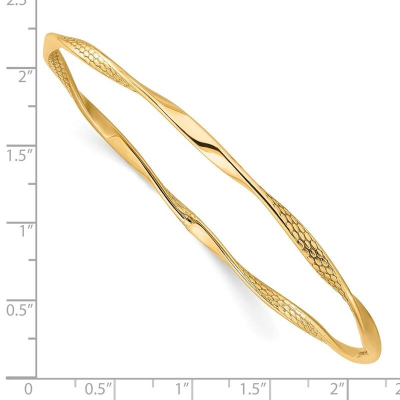 Curata 10k Yellow Gold 8" 3mm Textured Twisted Slip-on Bangle Bracelet