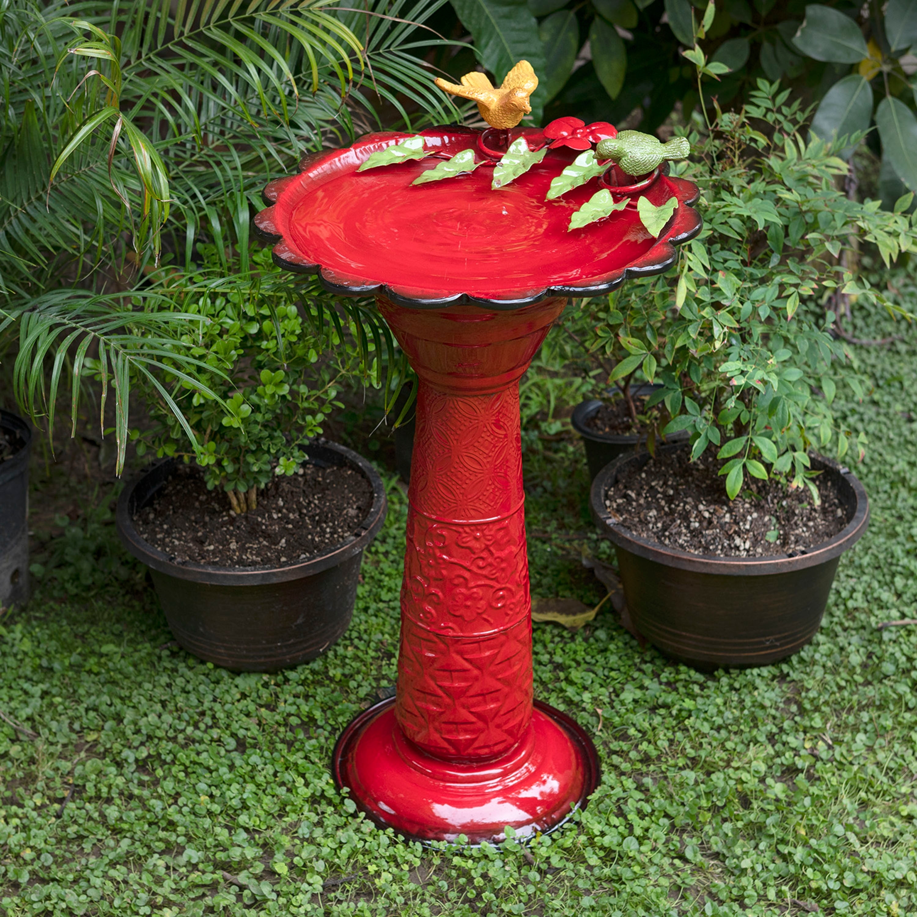 Alpine Corporation - 28" Tall Outdoor Metal Birdbath with Birds and Leaves Yard Statue Decoration, Red