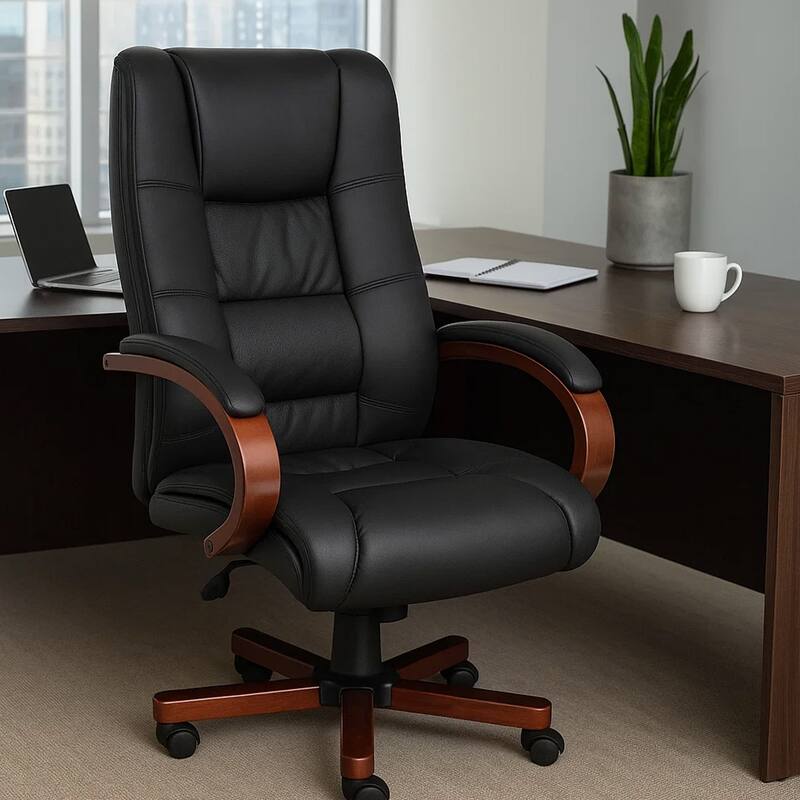 Zoey High-Back Executive Chair, Black Vinyl, Cherry Brown Wood Finish