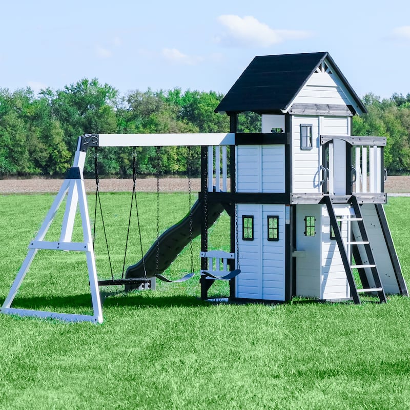 Backyard Discovery Canyon Creek White Cedar Wood Swing Set, Wave Slide - 17'0" x 13'5"