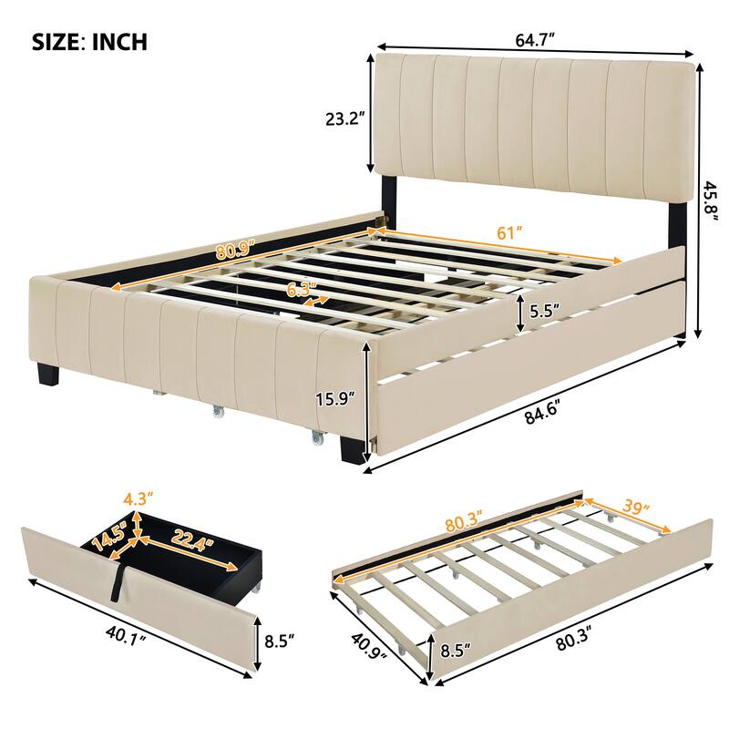 Elegant Queen Platform Bed with Storage Drawers and Twin XL Trundle