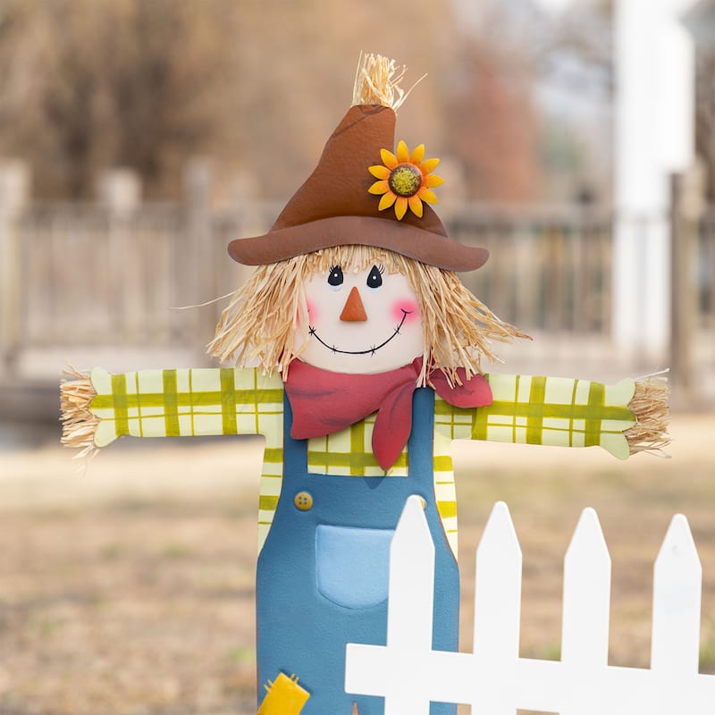 Glitzhome Welcome Fall Metal Scarecrow Corns Pumpkin Fence Yard Stake Halloween Thanksgiving Decor
