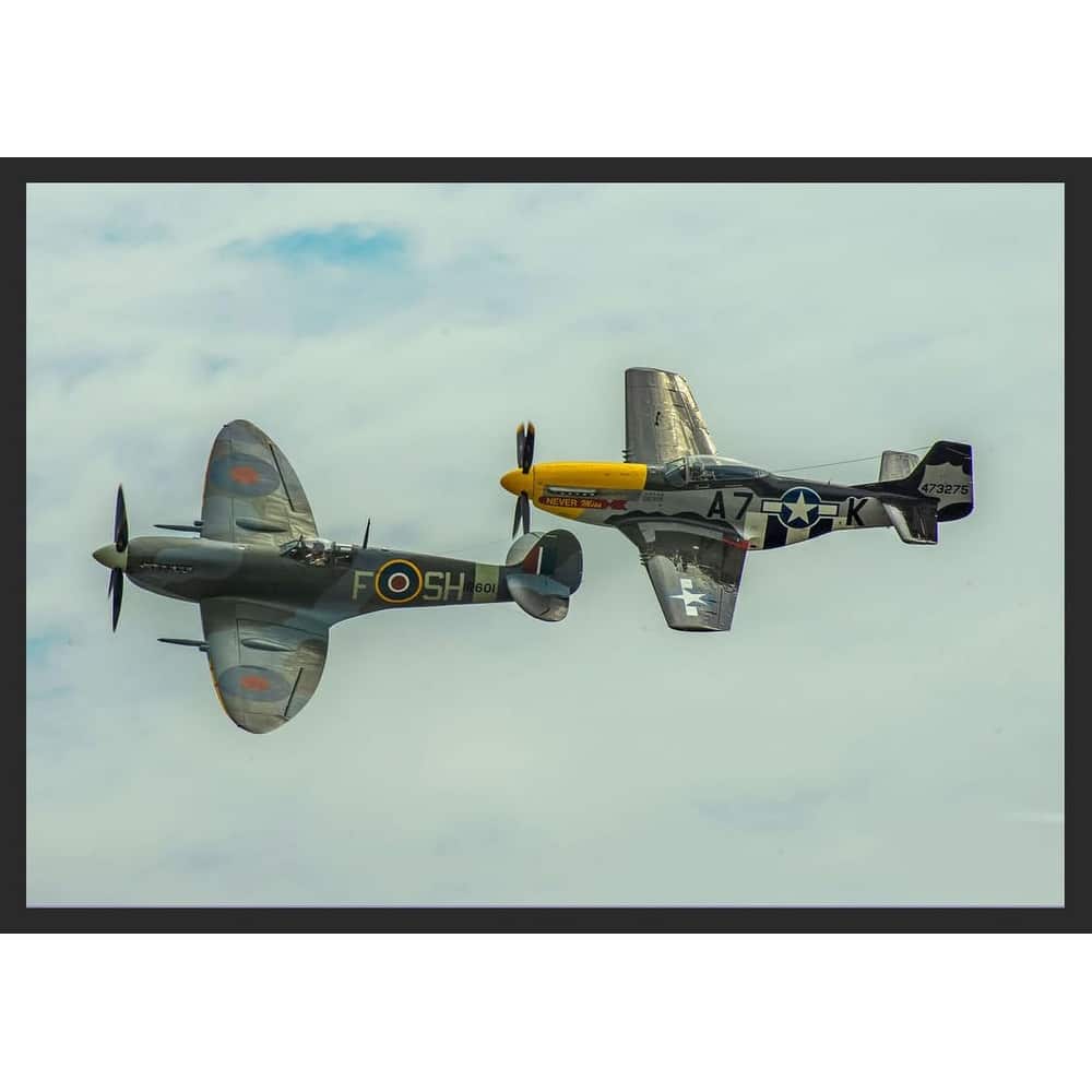 P-51 Mustang and Spitfire WW 2 Military Airplane in Flight Photography Framed Poster - 24 x 36 Inch
