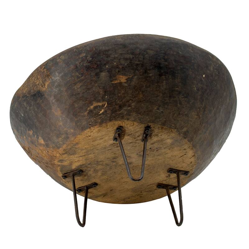 Hand-Carved Wooden Bowl with Metal Hairpin Legs - 20"