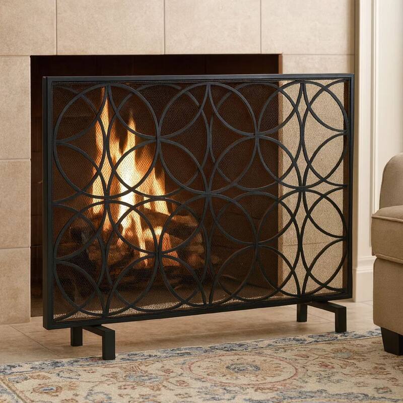 Fireplace Screen, Overlapping Circles w Mesh, 41x31 Matte Black Frame