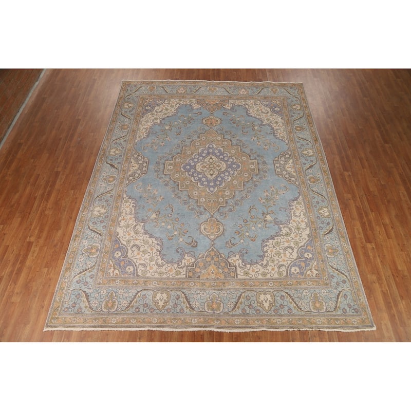 Geometric Tabriz Persian Area Rug Light Blue Handmade Wool Carpet - 9'7"x 12'4"