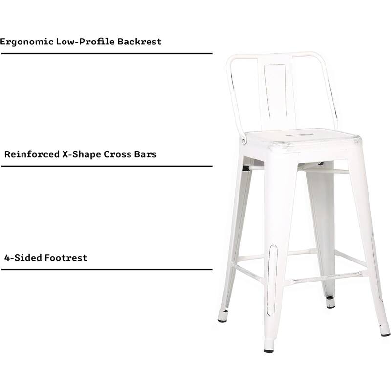Industrial Metal Bar Stools Set of 2 Bucket Back 4 Leg Design 24in Seat Distressed