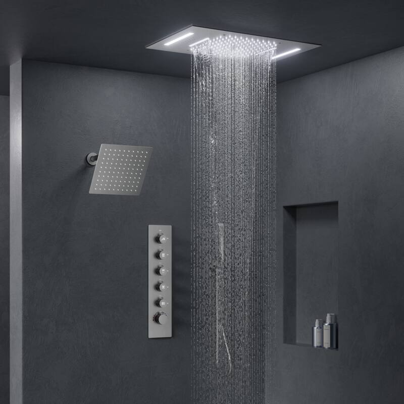 GRANDJOY Dual Shower Heads System with 3 Spray Modes 22"*15" Ceiling and 6" Wall Mount Body Jets Handheld Spray LED Music