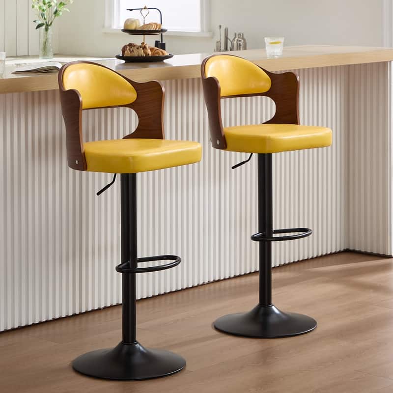 PU Leather Upholstered High-resilience Cushion 360° Swivel Adjustable Height Bar Stools with Footrest(set of 2)