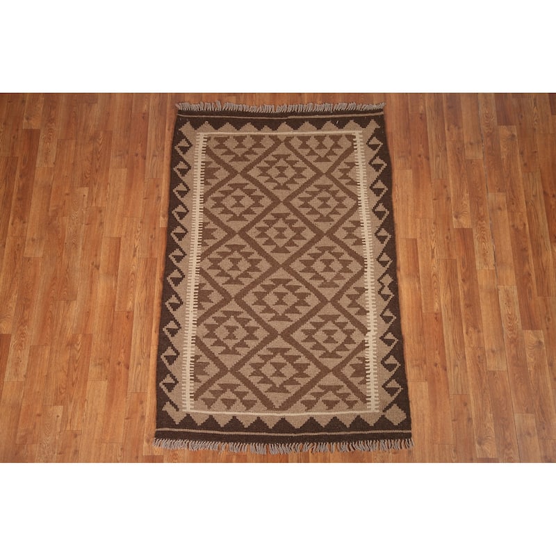 Brown Kilim Oriental Area Rug Hand-woven Reversible Wool Foyer Carpet - 3'5" x 5'2"