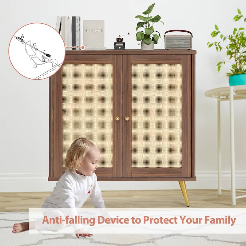 Farmhouse Rattan Storage Cabinet, Natural Buffet Sideboard - N/A