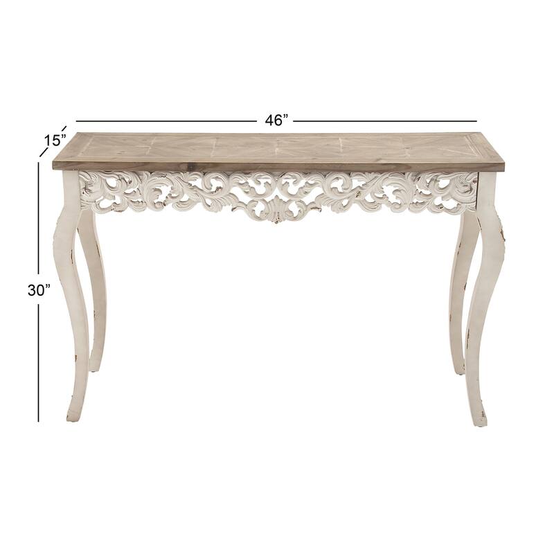 White Wood Intricately Carved Scroll Console Table with Brown Wood Top