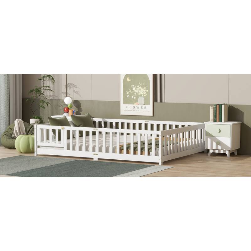 Roomfitters Twin/Full/Queen Rubber Wood Floor Bed with Fence and Swing Door, Safety Guardrails, Low Profile Design