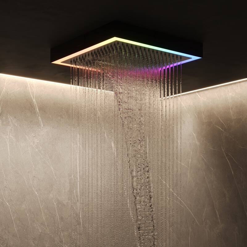 GRANDJOY Thermostatic LED Rain and Waterfall Shower System with Handheld, Built-In Music Function