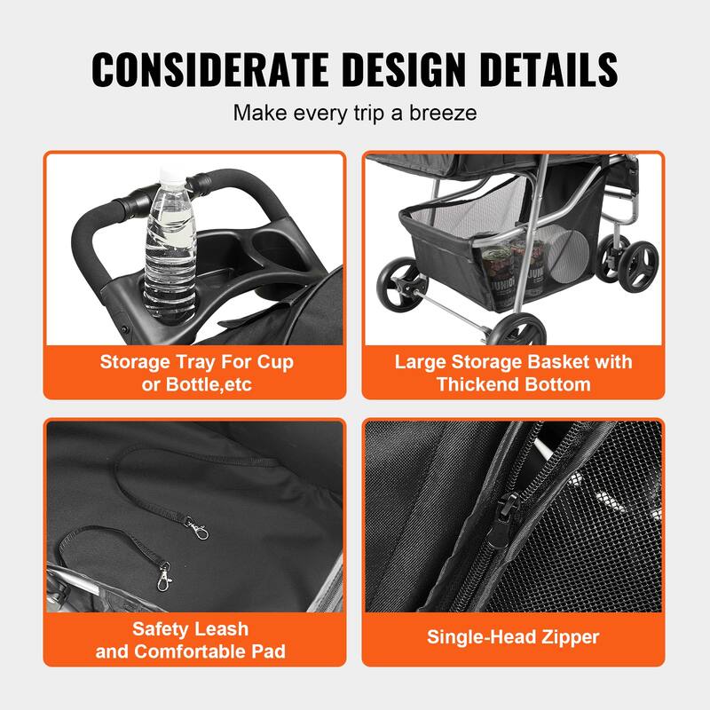 Pet Stroller with Breathable Mesh Windows and Height-Adjustable Height