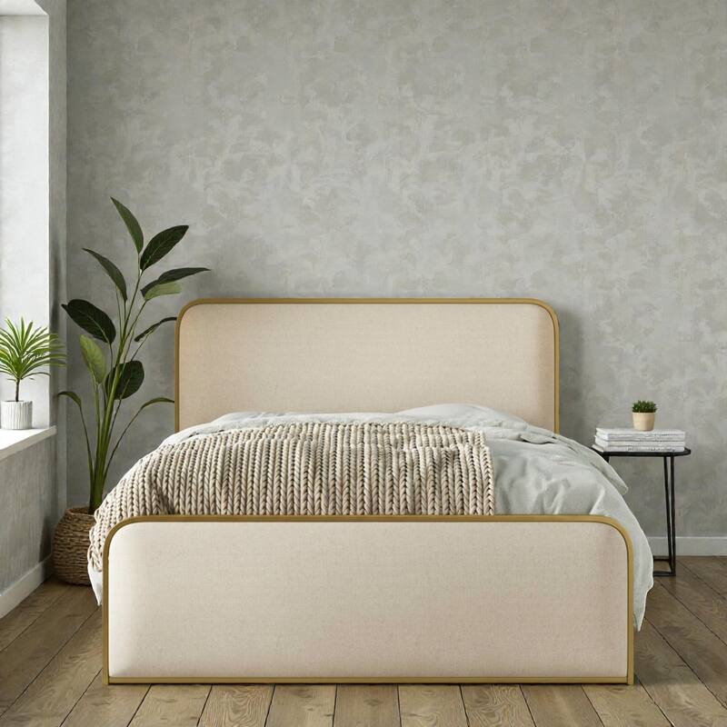Queen Size Gold Modern Metal Bed Frame with Upholstered Headboard and Footboard, Under Bed Storage, Heavy Duty Slats
