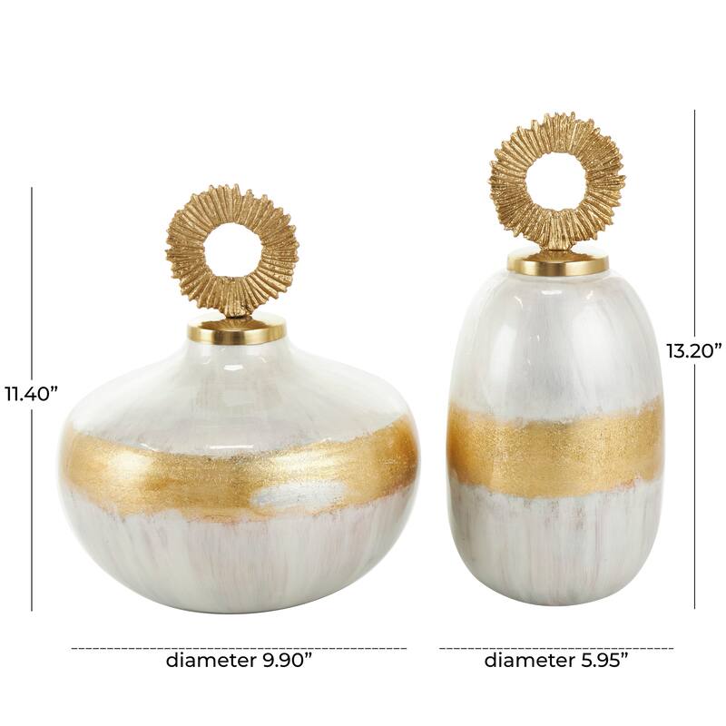 White or Blue Metal Decorative Jars with Ring Handles (Set of 2)
