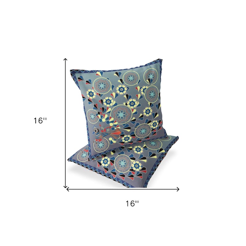 HomeRoots Set of Two 16" X 16" Gray and Blue Peacock Blown Seam Floral Indoor Outdoor Throw Pillow - 16.00' X '16.00' X '5.00