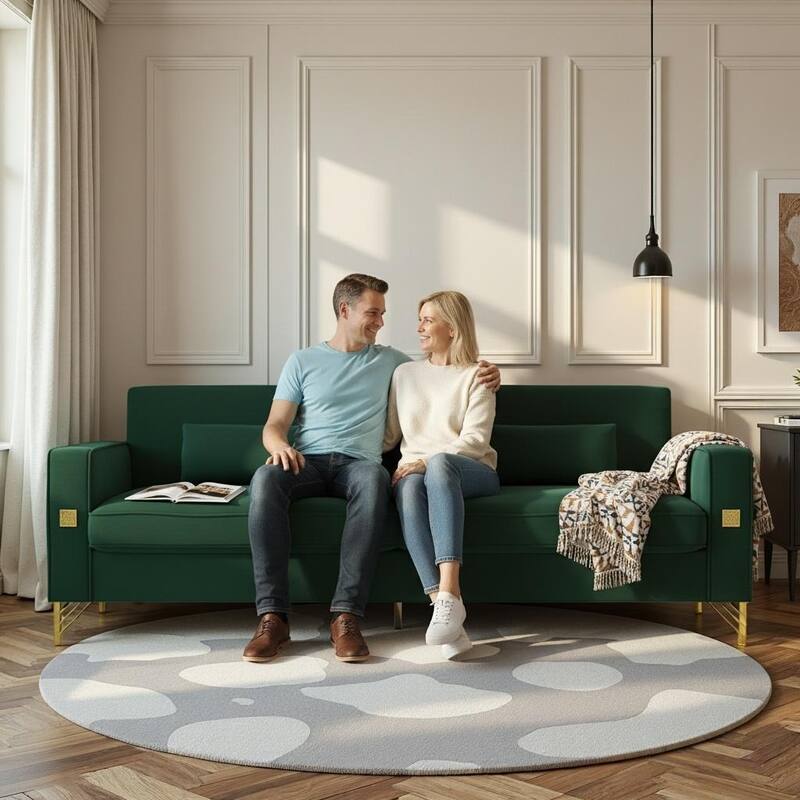 85.63" Velvet Sofa Couch with Cushions, Loveseat for Living Room, Square Armrest Upholstered Sofa with Metal Legs