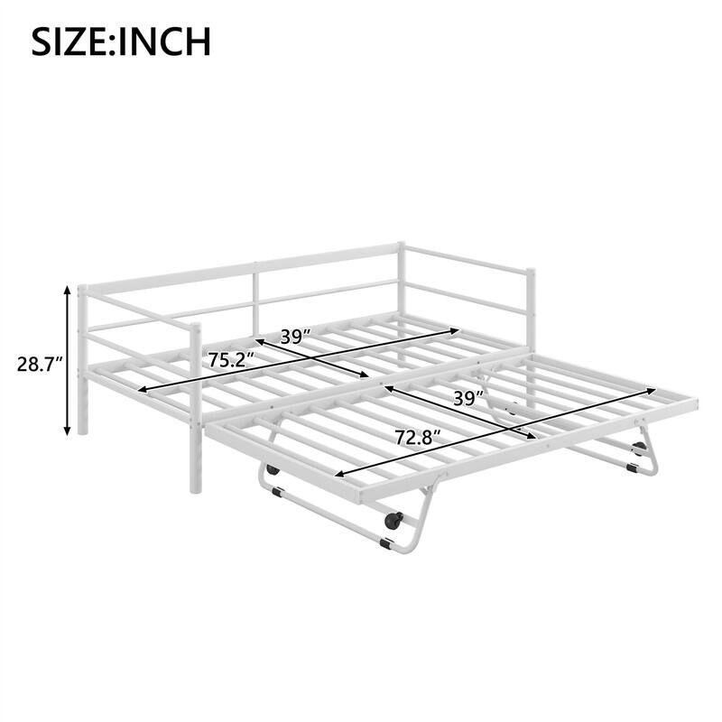 Twin Size Daybed with LED Light and Adjustable Trundle, Metal Daybed Frame Sofa Bed with Pop Up Trundle and Slats Support