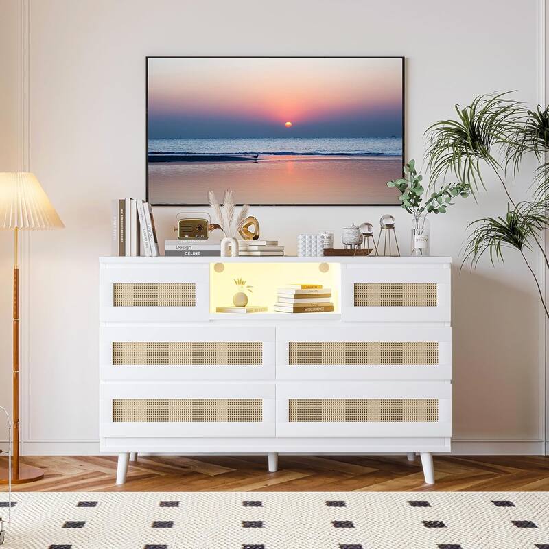 Modern Rattan 6-Drawer Dresser w/ LED Light, Deep Drawers