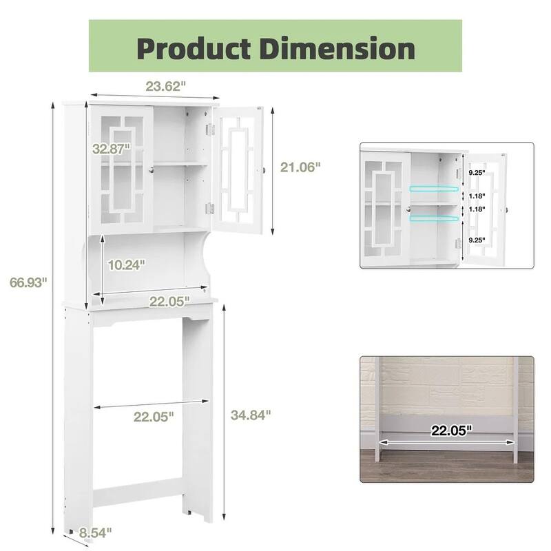 EROMMY Bathroom Organizer Over-The-Toilet Storage, Wooden Unit with 2 Glass Doors & Adjustable Shelf for Bathroom Use