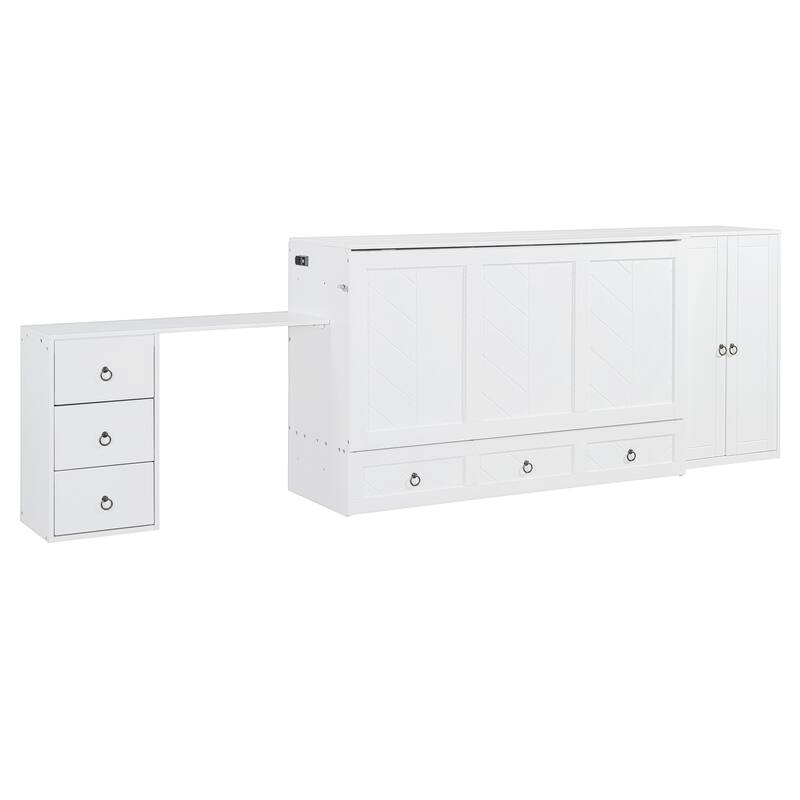 Queen Size Murphy Bed with USB Port, Large Drawer, and Wardrobe/Desk Combo - Versatile Cabinet Bed