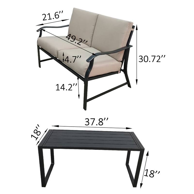 2Piece Outdoor Cushioned Chair Sofa Set Metal Frame Loveseat & Table