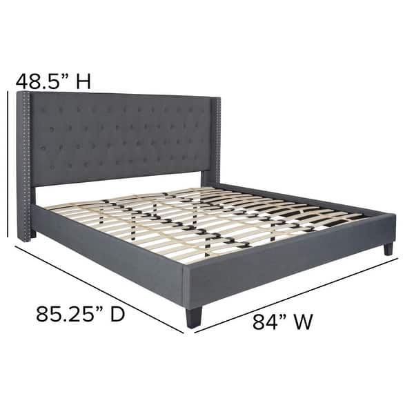 dimension image slide 10 of 16, Tufted Upholstered Nailhead Trim Platform Bed