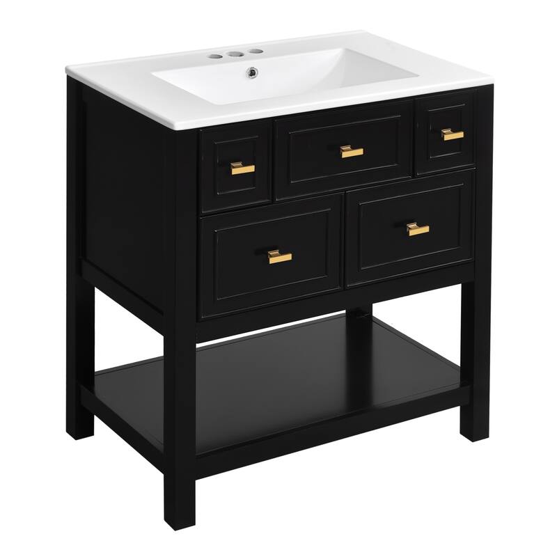 Roomfitters 60" Freestanding Bathroom Vanity with Ceramic Sink, Solid Wood Cabinet with Drawers & Open Storage Shelf