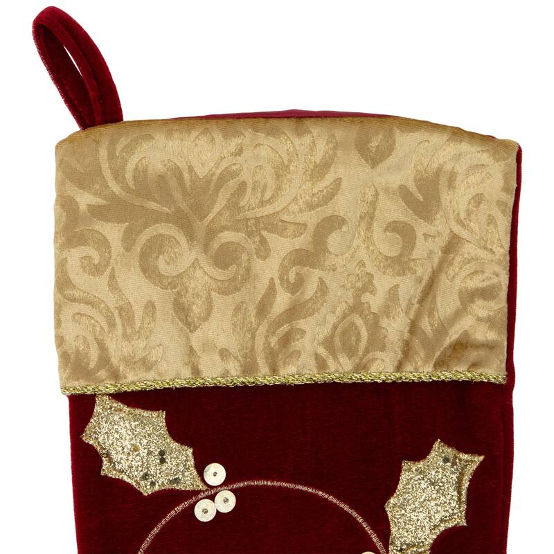 20.5-Inch Velvet Gold and Maroon Etched Cuff Christmas Stocking