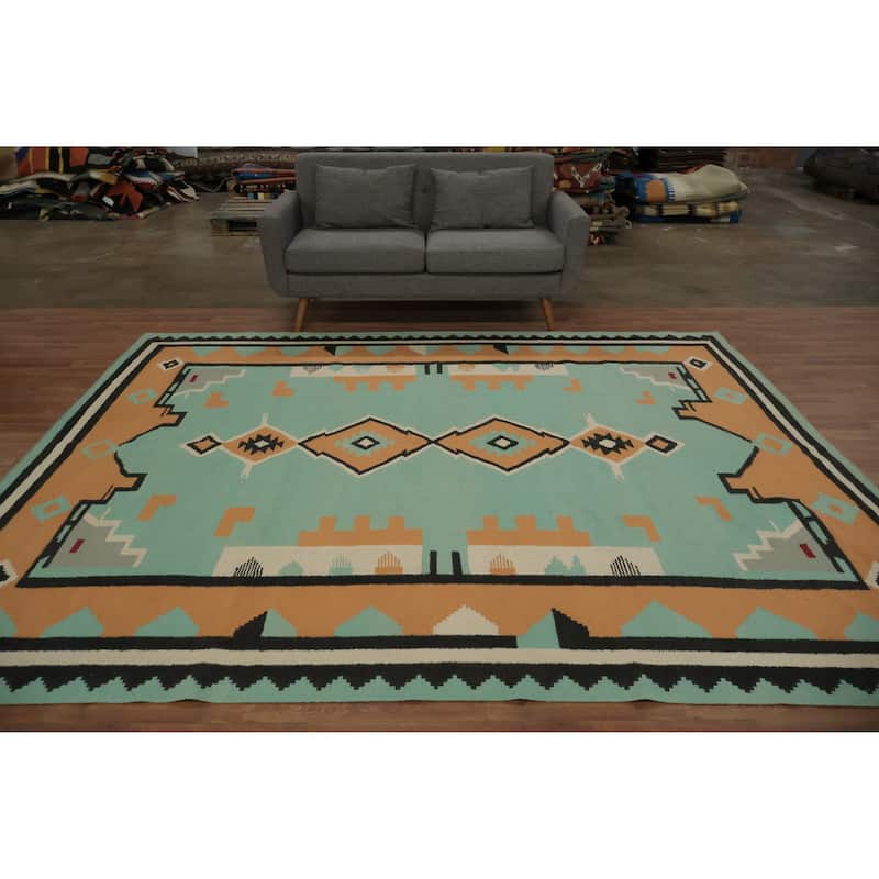 Hand Woven Oriental 100% Wool Carpet Southwestern Tribal Green Kilim Area Rug - 10' 0'' X 8' 4''