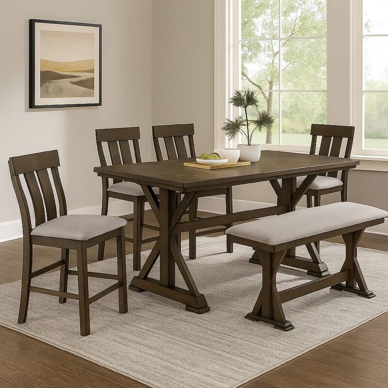 Omal Counter Height Dining Bench, Brown-Khaki Wood, Gray Fabric, 48 Inch