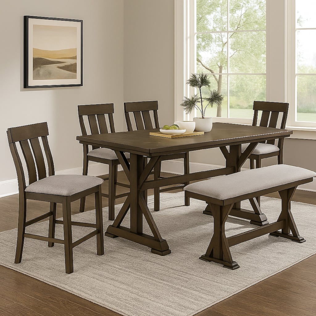 Omal Counter Height Dining Chair Set of 2, Brown Slatted Back, Gray Fabric