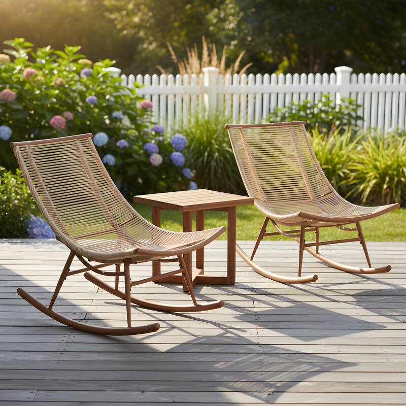 Christopher Knight Home - Modern Outdoor Metal Frame Woven Arc Rocking Chair and Solid Acacia Wood Side Table Set
