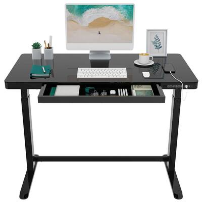 FlexiSpot Home Office Electric Height Adjustable Desk 48" Width Standing Desk Computer Desk Glass Top With Drawer, USB Charged