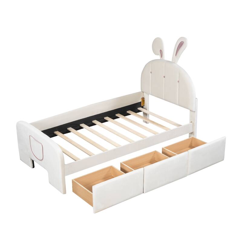 Velvet Platform Bed with Rabbit-Shaped Headboard,Drawers and Bed-End Storage Pocket