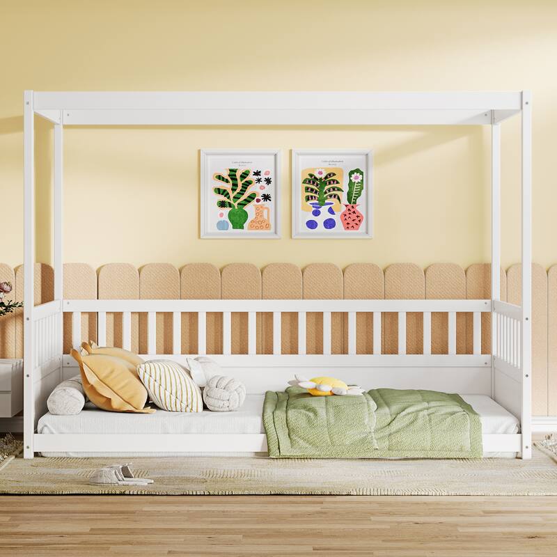 Full Size Montessori Canopy Floor Bed for Kids with Tall Safety Guardrails, Wooden Low Platform Bed Frame with Roof Structure - Twin White - Twin