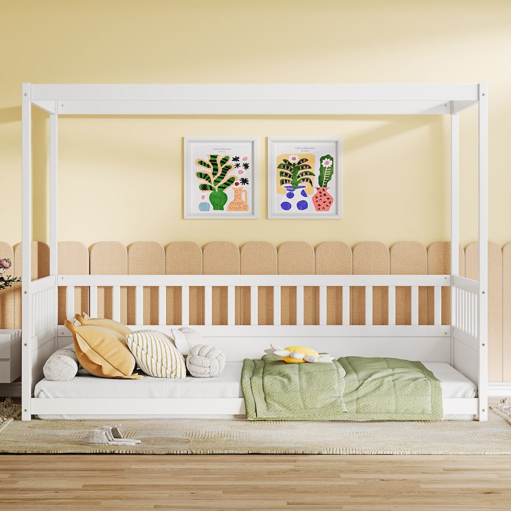 Twin Size Wooden Canopy Bed Frame with Guardrails for Kids, Montessori Floor Bed in White
