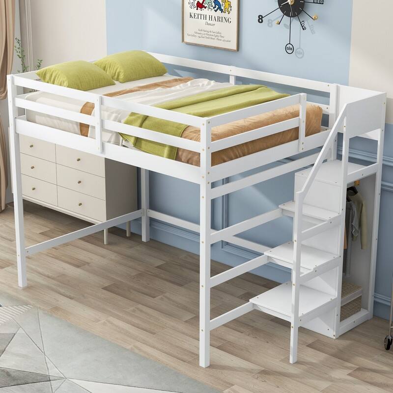 White Modern Wooden Full Size Loft Bed with Built-in Storage Wardrobe and Staircase