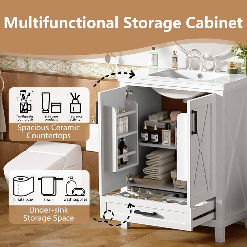 30" Bathroom Vanity - Solid Wood Frame, Single Sink, 2 Soft-Close Doors, Divided Drawer & Dual Storage Shelves