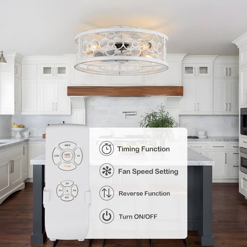 20" Flush Mount Caged Ceiling Fan with Light and Remote, Distressed White Metal 3-Speed Reversible Dc Motor
