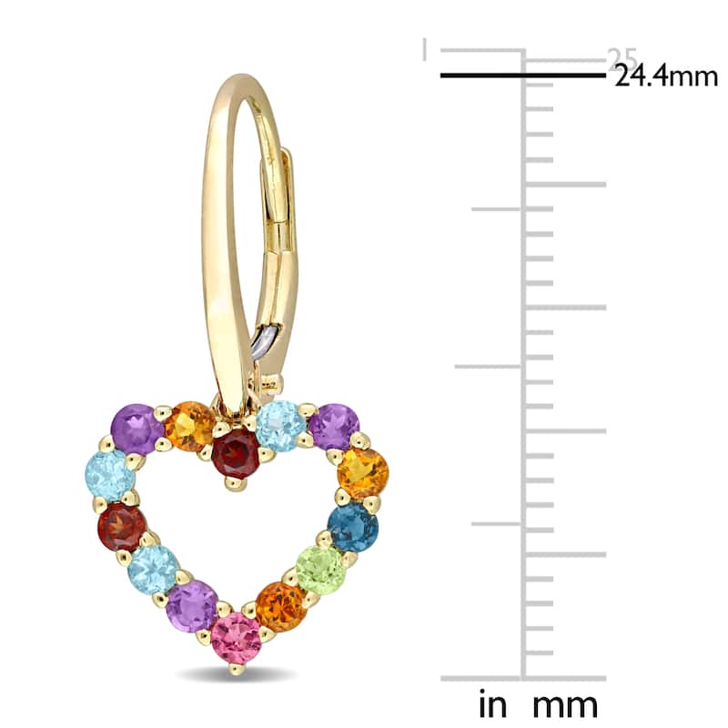 Miadora Multi-Color Gemstone Heart Open Hoop Drop Leverback Earrings in 10k Yellow Gold