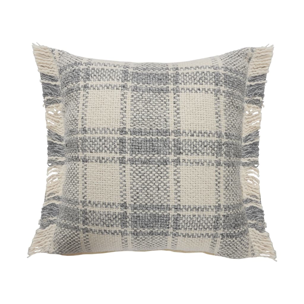 20" Blue and White Plaid Cabin Square Throw Pillow with Fringe