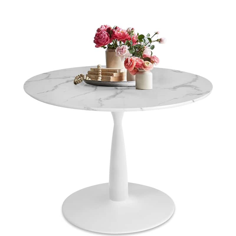 Round White Faux Marble Topped Round Pedestal Dining Table - 40"x40"x30" - White