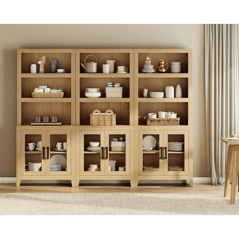 WAMPAT 3 Tier Bookshelf with Glass Door, 74" Tall Bookcase with Adjustable Shelf and Storage Cabinet, Farmhouse Wooden Bookshelf