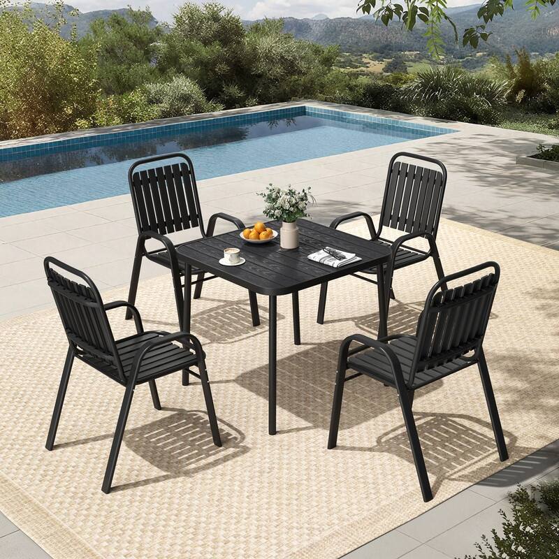 4-Person Patio Dining Set, Stackable Chairs and Square Steel Table with Umbrella Hole