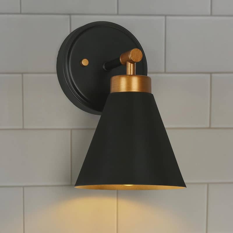 Rustic Farmhouse 1-light Wall Light Black Gold Industrial Sconce with Metal Cone Shade - Black&Brushed gold